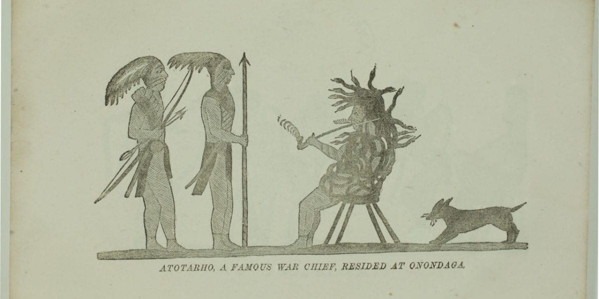 Illustration by David Cusick from Sketches of Ancient History, Courtesy of Amherst College Archives. Depicts Ononadaga chief Atotarho covered in snakes