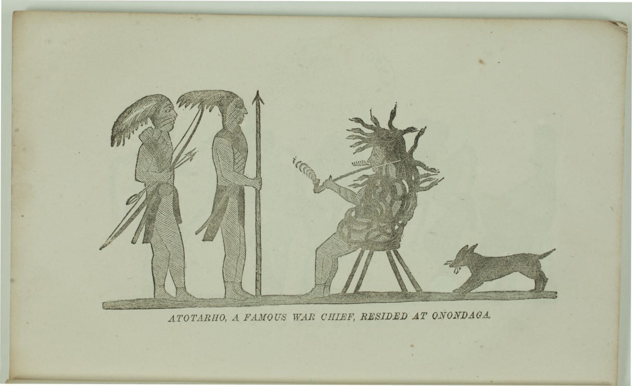 Illustration by David Cusick from Sketches of Ancient History, Courtesy of Amherst College Archives. Depicts Ononadaga chief Atotarho covered in snakes
